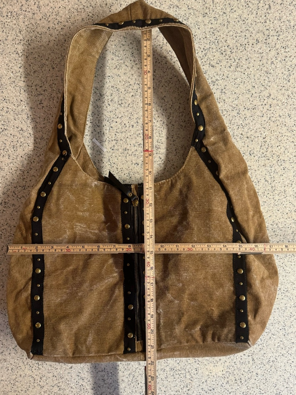Mona B Large Distressed Sturdy Canvas Stud-Trim Shoulder Bag in Brown - Picture 3 of 5